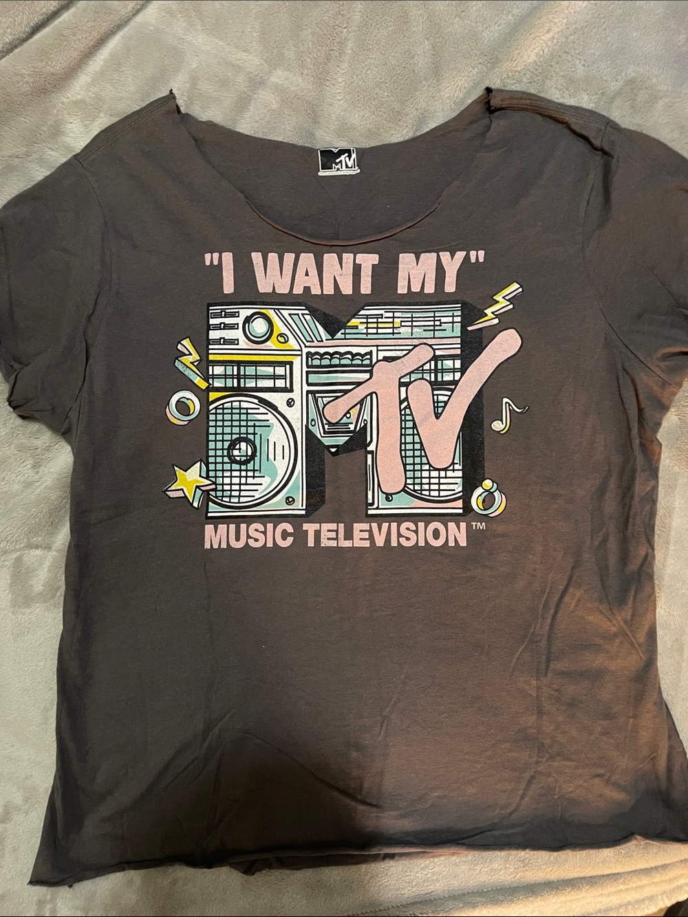 MTV Charcoal Tee with Pink and Mint Retro Logo